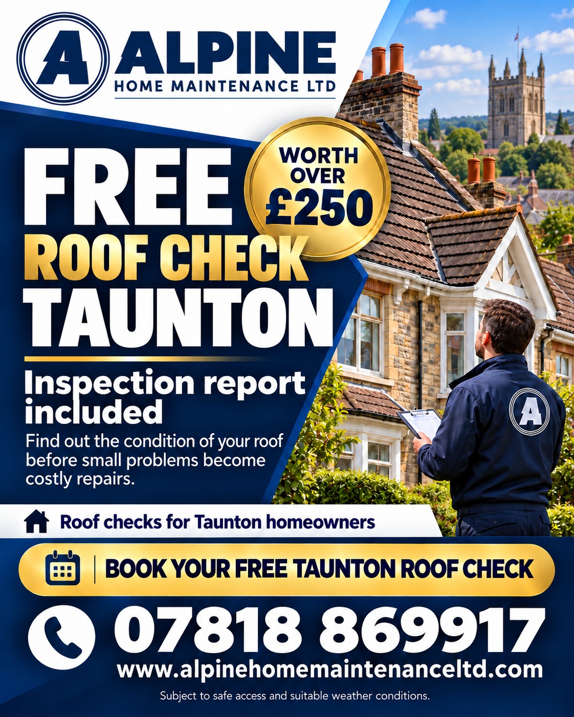 Free Roof Check in Taunton Alpine Free Roof Check advert for Taunton, inspection report included
