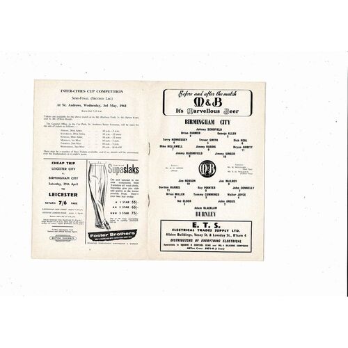 1960/61 Birmingham City v Burnley Football Programme