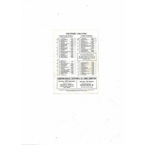 Chelsea v Reading Football Combination Programme 1961/62