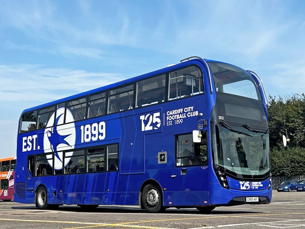 Alexander Dennis Enviro 400 double decker bus with Cardiff City FC livery and graphics.