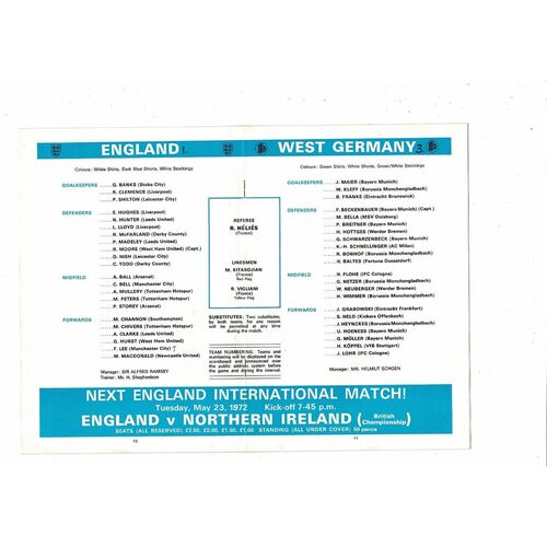 1972 England v West Germany Football Programme