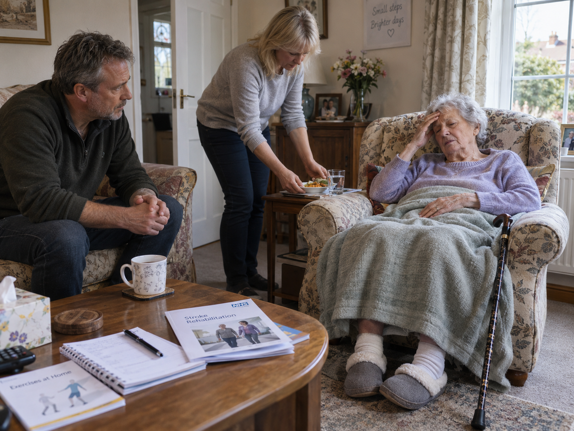 Older woman resting at home with post-stroke fatigue while her son and a support worker stay nearby.