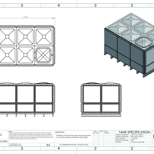 PW.3X2X1.5.TIF.AG - 11,174 LITRE SECTIONAL WATER TANK, TOTALLY INTERNALLY FLANGED (TIF)