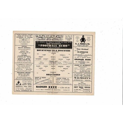 1958/59 Bournemouth v Brentford Football Programme