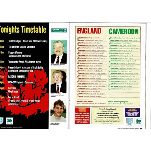 1997 England v Cameroon Football Programme