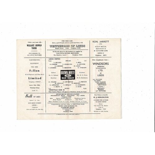 Leeds United v Grenville Hair X1 Testimonial Football Programme 1965/66