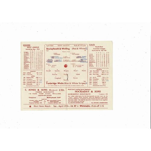 1956/57 Bexleyheath & Welling v Tunbridge Wells United Kent League Programme