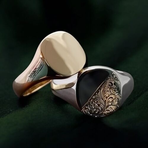 Engraved cushion shape silver signet ring
