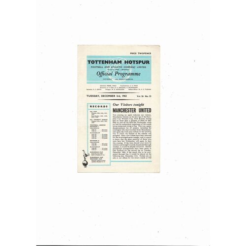 Tottenham Hotspur v Manchester United European Cup Winners Cup Football Programme 1963/64 Dec