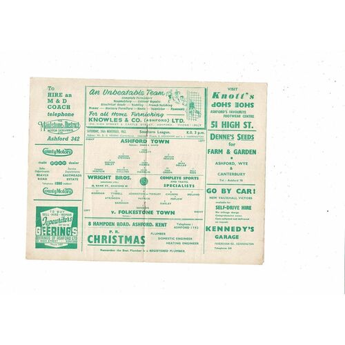 1962/63 Ashford Town v Folkestone Town Southern League Football Programme