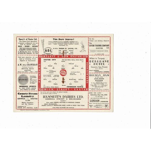 1957/58 Exeter City v Swindon Town Football Programme