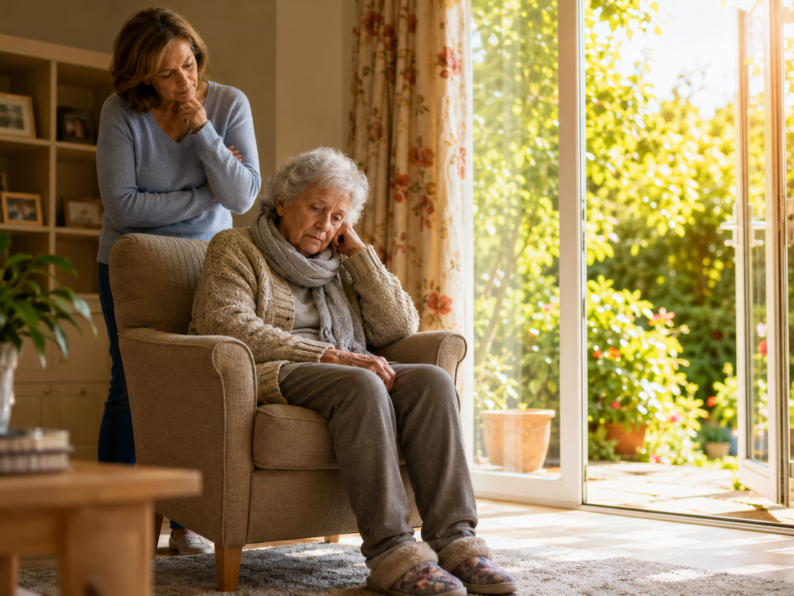 Older woman wearing warm winter clothing indoors on a sunny summer day while a concerned family member checks on her.