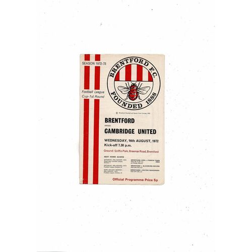 1972/73 Brentford v Cambridge United League Cup Football Programme