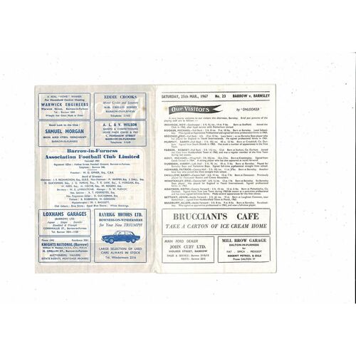 1966/67 Barrow v Barnsley Football Programme