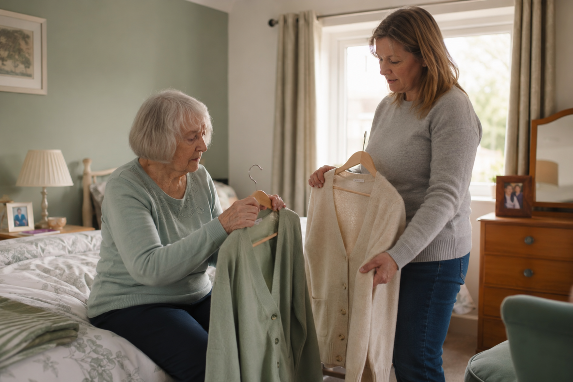 An older woman choosing between two cardigans with support from a plain-clothed Personal Assistant in her bedroom.