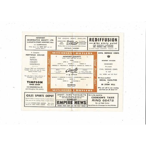 1954/55 Newport County v Reading Football Programme