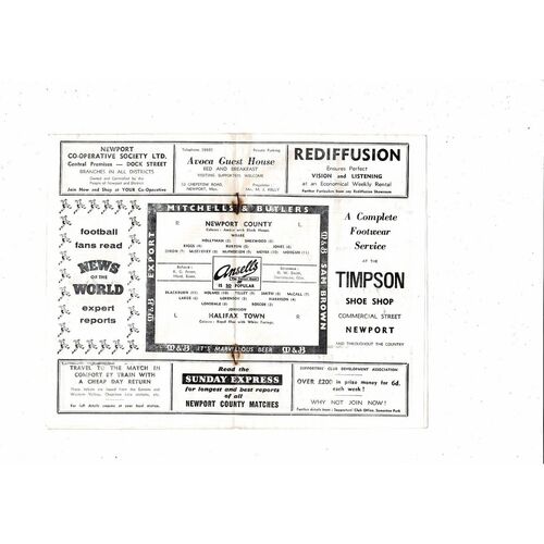1959/60 Newport County v Halifax Town Football Programme