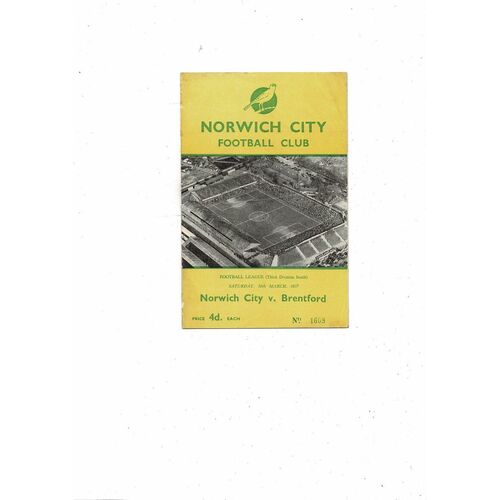 1956/57 Norwich City v Brentford Football Programme