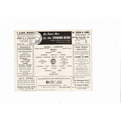 1958/59 Millwall v Darlington Football Programme