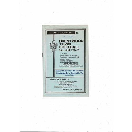 1968/69 Brentwood Town v Dunstable Town Football Programme