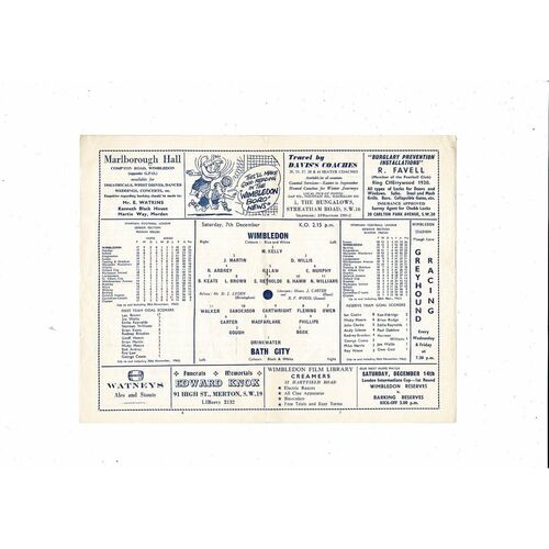 Wimbledon v Bath City FA Cup Football Programme 1963/64
