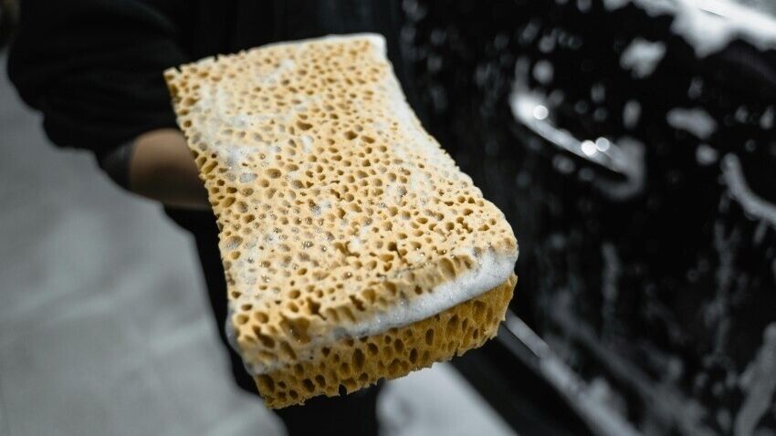 Soapy soft sponge for washing company vehicle with vinyl graphics.