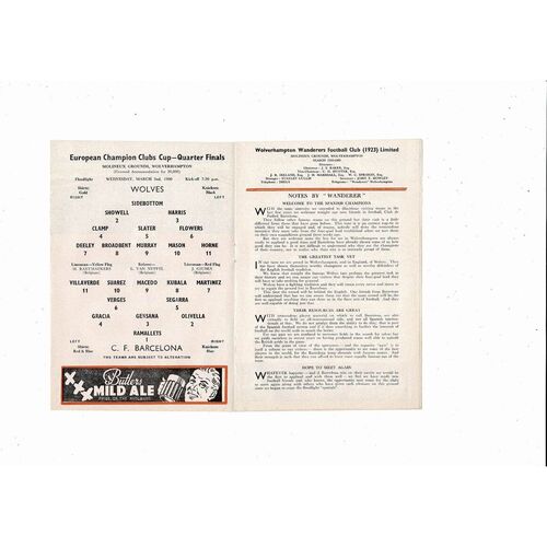 Wolves v Barcelona European Cup Football Programme 1959/60