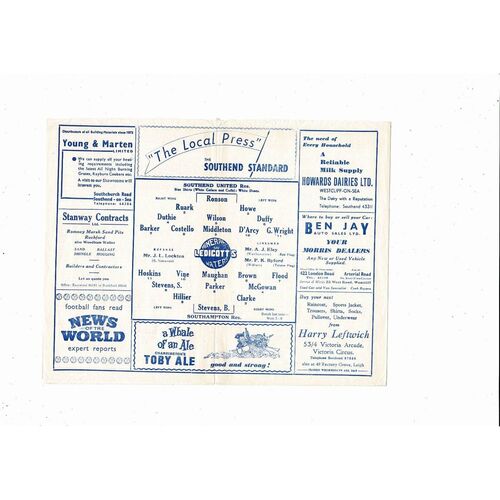 Southend United v Southampton Football Combination Programme 1957/58
