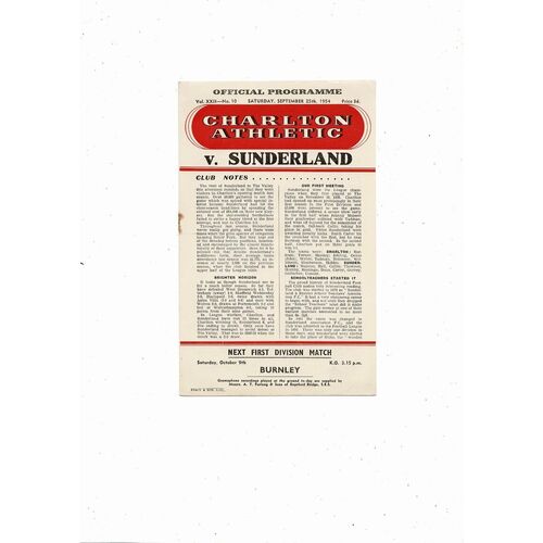 1954/55 Charlton Athletic v Sunderland Football Programme
