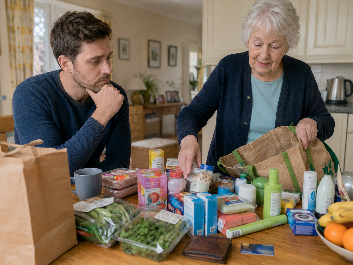 Older woman unpacking a large amount of shopping and toiletries onto a kitchen table while a younger man watches with concern.