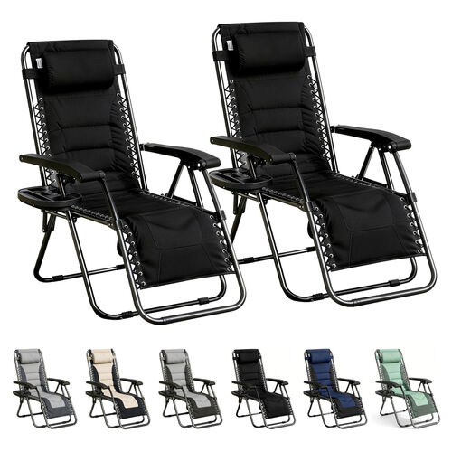 mcc direct Zero Gravity Chair Set of 2 – Padded Oxford Fabric Reclining & Folding Outdoor Garden Chairs with Cup Holder and Headrest Pillow –  OXFORD