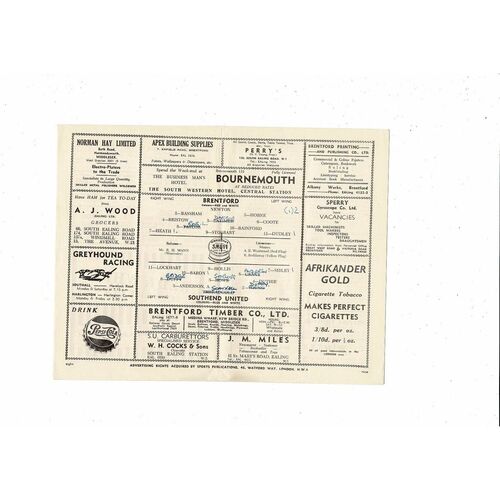 1954/55 Brentford v Southend United Football Programme