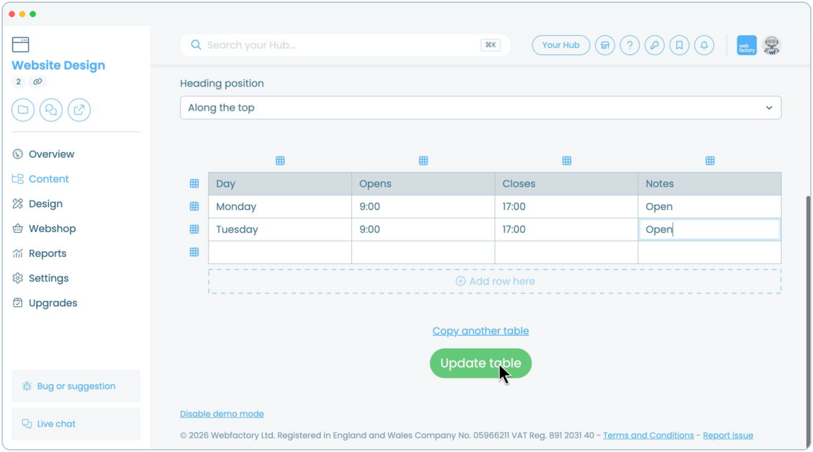 How to add a table to a website page | Webfactory Support | Webfactory