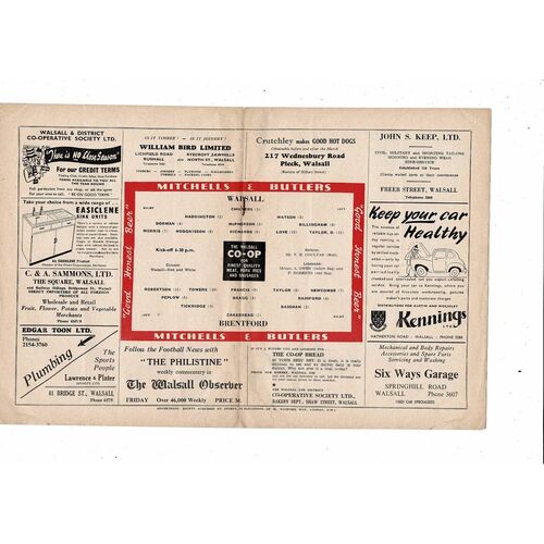 1955/56 Walsall v Brentford Football Programme