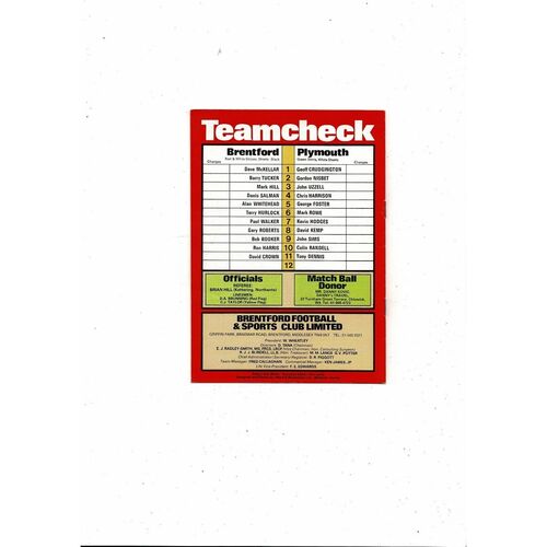 1981/82 Brentford v Plymouth Argyle Football Programme
