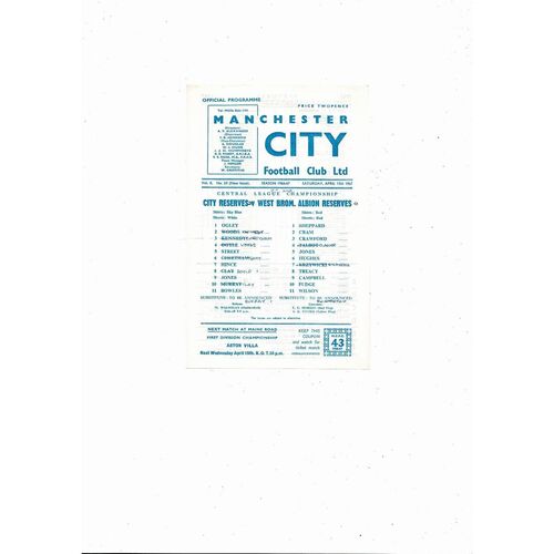 Manchester City v West Bromwich Albion Central League Football Programme 1966/67