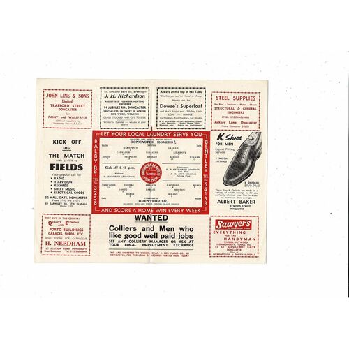 1958/59 Doncaster Rovers v Brentford Football Programme