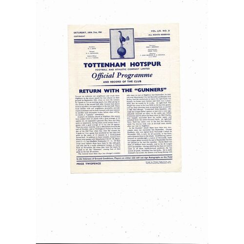 1960/61 Tottenham Hotspur v Arsenal Football Programme. Spurs double season