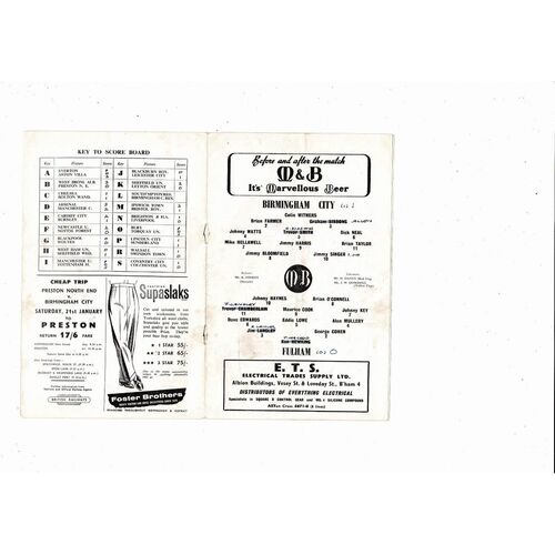 1960/61 Birmingham City v Fulham Football Programme