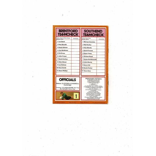 1979/80 Brentford v Southend United League Cup Football Programme