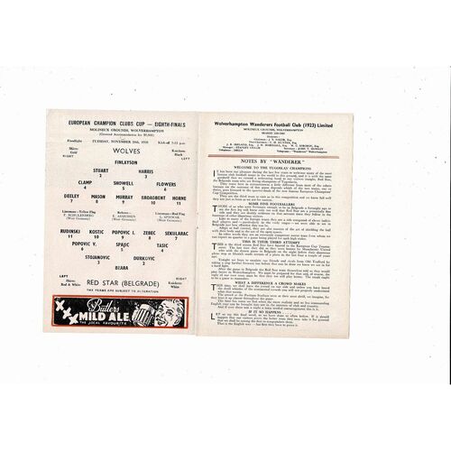 Wolves v Red Star Belgrade European Cup Football Programme 1959/60