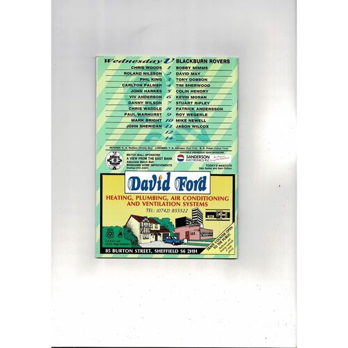 1992/93 Sheffield Wednesday v Blackburn Rovers League Cup Semi Final Football Programme