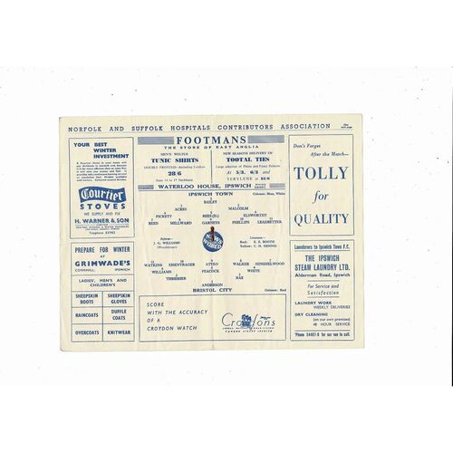 1957/58 Ipswich Town v Bristol City Football Programme November 2nd