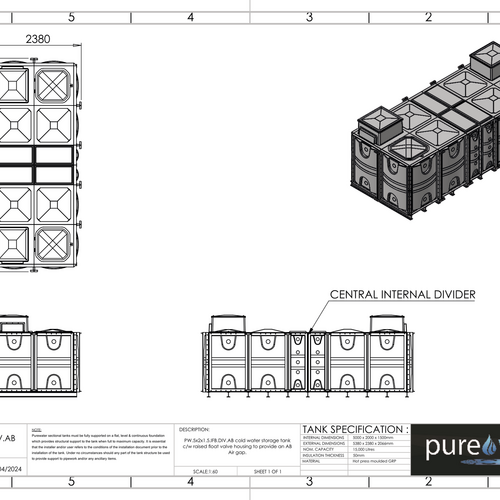 PW.5X2X1.5.IFB.DIV.AB(2.5+2.5) - 15000 LITRE DIVIDED SECTIONAL WATER TANK, INTERNALLY FLANGED BASE (IFB) C/W FVH