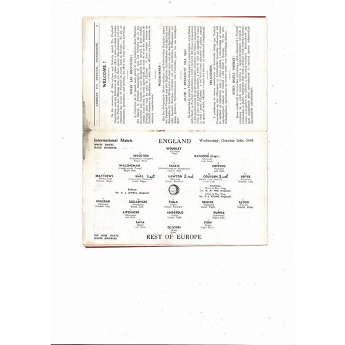 1938 England v Rest of Europe Football Programme @ Arsenal
