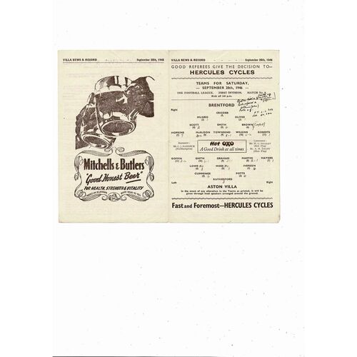 1946/47 Aston Villa v Brentford Football Programme