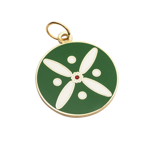 Round Pendant. The Persian Cross. White on Green  with 1 Central Red Stone.