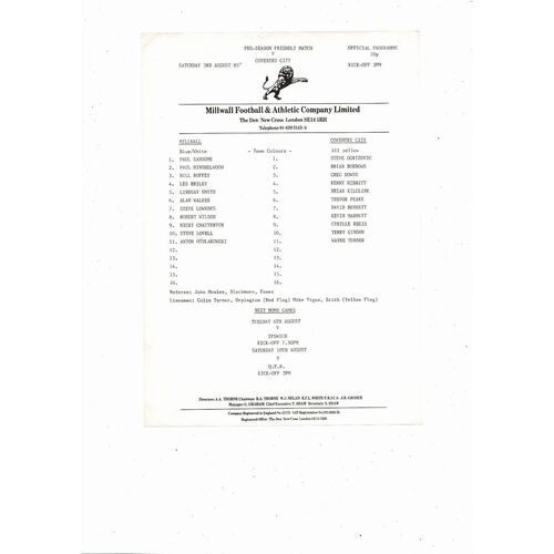 Millwall v Coventry City Friendly Football Programme 1985/86