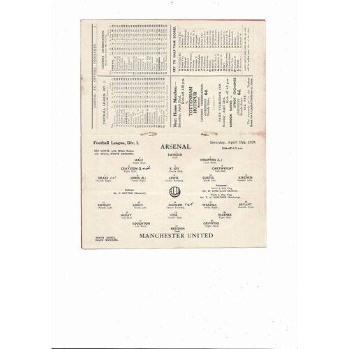 1938/39 Arsenal v Manchester United Football Programme
