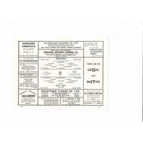 1961/62 Brentford v Hull City Football Programme